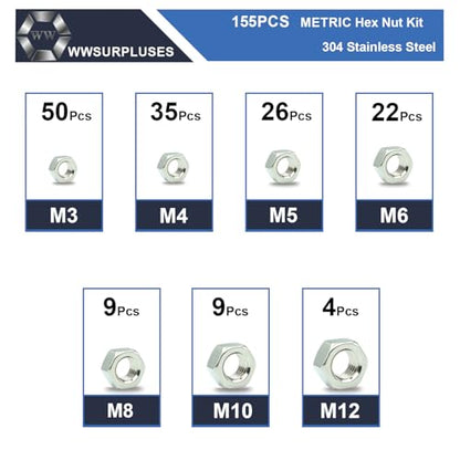 155 Pcs Metric Hex Nuts Kit, M3 M4 M5 M6 M8 M10 M12 | 304 Stainless Steel, Standard Metric Coarse Thread, Hardware Nuts - size: Metric (155Pcs)