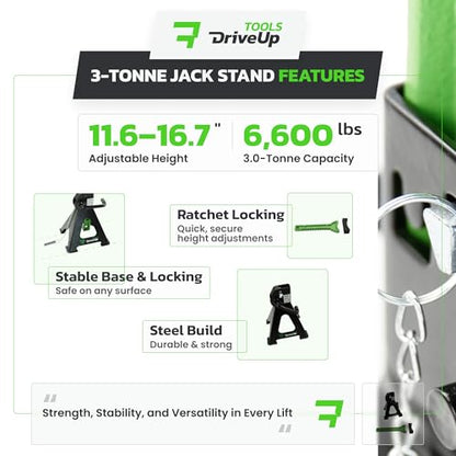 Jack Stands 3 Ton (6,600 lb) Heavy Duty Steel, Double Locking, Set of 2, Adjustable Height 11.03-16.7 Inch, Green Car Jack Stands for Cars SUV Trucks Vans - size: 3 Ton