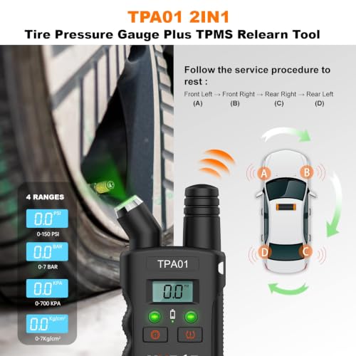 VXDAS TPA01 TPMS Relearn Tool for GM, 150PSI Digital Tire Pressure Gauge, 2 in 1 Tire Pressure Monitoring Sensor Activation Tool for Buick/Chevy/Cadillac/Opel Series Vehicles, 2 Mins Quick Reset
