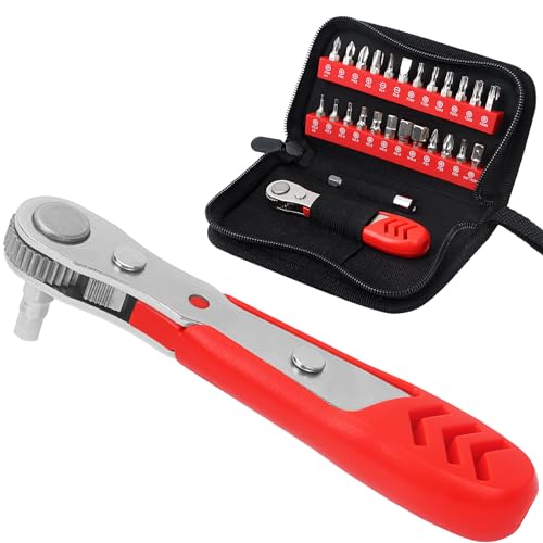 STREBITO Right Angle Screwdriver Set, Low Profile 26 Piece Small Ratchet, Stubby 90 Degree Ratcheting Screwdriver, Mini 1/4 Bit EDC Tool for Tight Spaces, Bike - color: 26 in 1 With Zipper Pouch