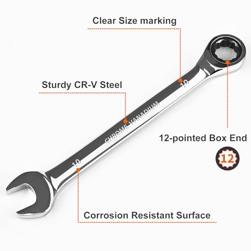Egofine 10mm Ratchet Wrench, Ratcheting Combination Wrench Metric 10mm Wrench, Industrial Grade Gear Spanner with 12-Point Design, 72-Tooth Ratchet, Chrome Vanadium Steel - size: 10mm