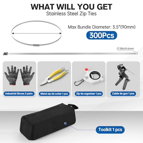 Stainless Steel Cable Tie Gun Kit, 300PCS 11.8 Inch Metal Zip Ties Heavy Duty with Cutting Tool, Self Locking Cable Tie Set for Fence, Exhaust, Pipe, Automotive & Outdoor Bundling Repair