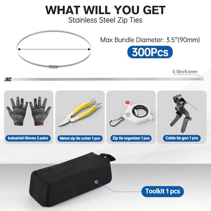 Stainless Steel Cable Tie Gun Kit, 300PCS 11.8 Inch Metal Zip Ties Heavy Duty with Cutting Tool, Self Locking Cable Tie Set for Fence, Exhaust, Pipe, Automotive & Outdoor Bundling Repair