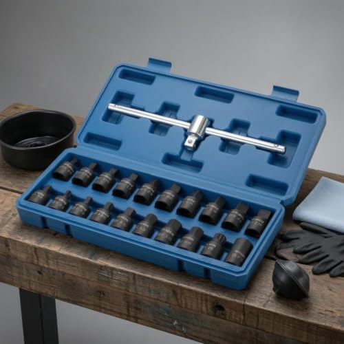 21 Pieces Oil Drain Plug Socket Wrench Kit Black Phosphated Finish Oil Drain Plug Socket Kit Molded Compartments for Mechanics