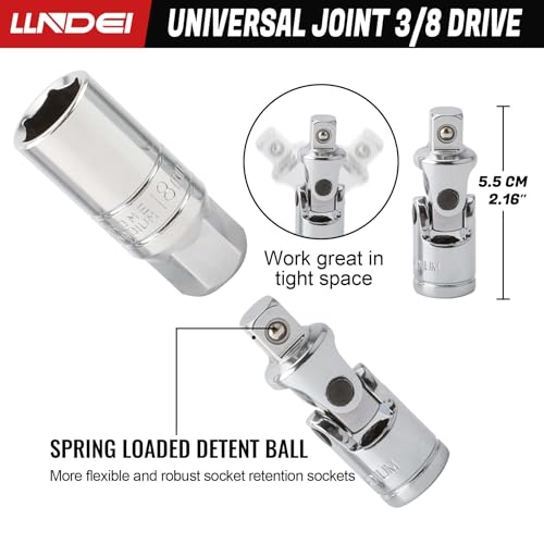 LLNDEI 3/8 Inch Drive Spark Plug Socket Set SAE & Metric, High Visibility 6 Point Sockets CR-V Steel, Mirror Polished Sockets with Rubber Retaining Rings-Spark Plug Removal Tool for Car Repair 7PCS - size: 6 pieces + extension bar