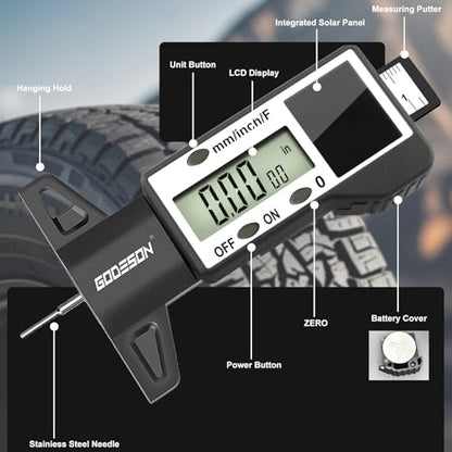 GODESON Digital Tire Tread Depth Gauge -Reads 32NDS, Inch & MM/Solar/Battery Hybrid Power/1" (25.4mm) Range/Accurate Tire Thread Depth Gauge Tool Suitable for Cars, Trucks, Motorcycles - style: IN/MM/FRAC - Black