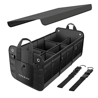 HAOKAY Car Trunk Organizer with Lid，Heavy Duty Extra Large Premium Black Oxford Multi Compartments Collapsible trunk organizer for SUV, Van, Truck, Sedan, Jeep （90L - size: 3 Compartments with Lid