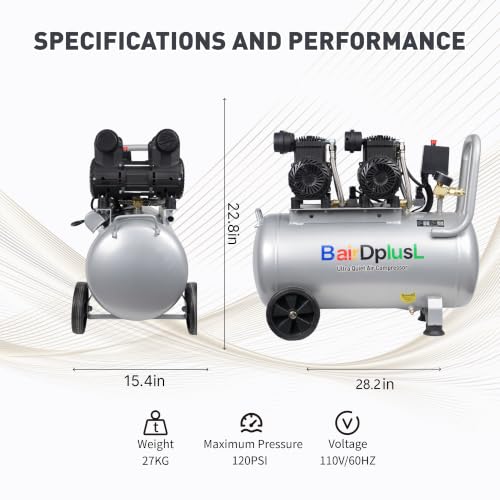 BairDplusL 14.5 Gallon Ultra Quiet Air Compressor 110V/60Hz 1.5HP 8.8CFM MAX 115PSI Steel Tanks Oil-Free 70dB Noise Level Light & Quiet Portable Air Compressor with Wheels for Auto Repair - size: 55L