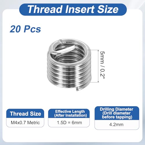PATIKIL Wire Thread Inserts M4x0.7 Metric 1.5D 6mm, 20Pcs 304 Stainless Steel Helical Coiled Wire Screw Threaded Sleeve Sheath for Mechanical Equipment Automotive Repairs - size: M4x0.7, 6mm