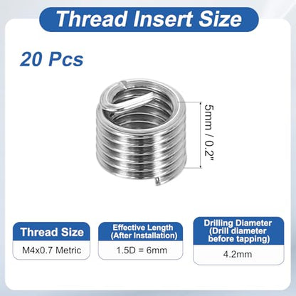 PATIKIL Wire Thread Inserts M4x0.7 Metric 1.5D 6mm, 20Pcs 304 Stainless Steel Helical Coiled Wire Screw Threaded Sleeve Sheath for Mechanical Equipment Automotive Repairs - size: M4x0.7, 6mm