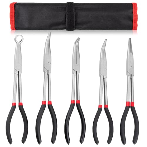 5Pcs Bent Nose Pliers 11 Inch Extra Long Needle Nose Pliers Set | Straight, 25°/45°/90° Bent, Circle Nose for Narrow Spaces, Hard to Reach Areas & Precision Work