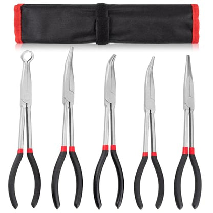 5Pcs Bent Nose Pliers 11 Inch Extra Long Needle Nose Pliers Set | Straight, 25°/45°/90° Bent, Circle Nose for Narrow Spaces, Hard to Reach Areas & Precision Work