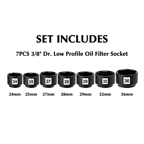 EMENTOL 7PCS 3/8" Drive Low Profile Oil Filter Socket, CR-V, Oil Filter Cap Remover and Installer Tool Set, 24mm, 25mm, 27mm, 28mm, 29mm, 32mm, 36mm, Oil Filter Cap Wrench Tool Kit