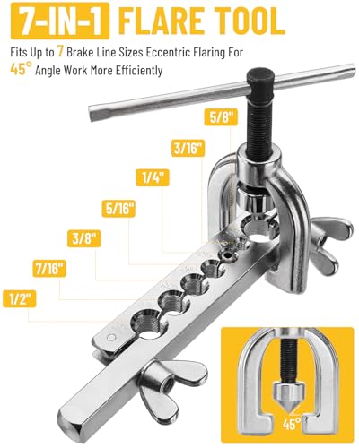 25 ft 3/16in &1/4in Zinc-Plated Brake Line Flaring Tool Kit, Includes 3-in-1 Tube Bender, Double & Single Flaring Tool Set, 1 Tube Cutter, 4 Threads Unions, 40 Fittings - color: 3/16 in & 1/4 in Zinc-Plated
