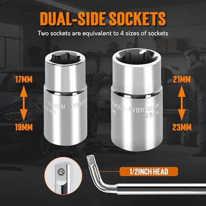 TONDA Telescoping Lug Wrench, Tire Iron Lug Nut Removal Tool 1/2 Drive with 17/19 and 21/23mm Sockets Storage Canvas Pouch for Car, Van, Truck - style: L-shaped