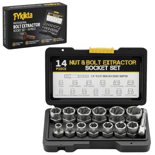 14PCS Bolt Extractor Kit, 3/8" Drive Bolt & Nut Remover Set, Cr-Mo Easy Out Tool with Storage Case for Stripped, Rusted, Rounded and Damaged Bolts, Nuts & Screws