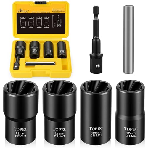Topec 6PCS Wheel Lock Removal Kit, 1/2-Inch Drive Lug Nut Removal Tool, 17,19,21,22mm Stripped Lug Nut Remover, Extractor Socket Set for Broken, Damaged, Rounded Bolts - size: 6 PCS