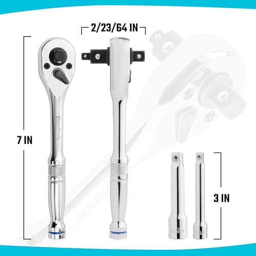 DURATECH 3-IN-1 Ratchet Handle, 1/4", 3/8", 1/2", with 2 Extension Bars | 72-Tooth, Reversible Switch, Full-Polished Chrome Plating, Alloy Steel - style: Ratchet Set