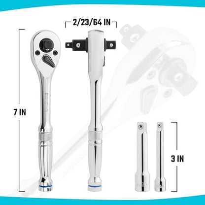 DURATECH 3-IN-1 Ratchet Handle, 1/4", 3/8", 1/2", with 2 Extension Bars | 72-Tooth, Reversible Switch, Full-Polished Chrome Plating, Alloy Steel - style: Ratchet Set