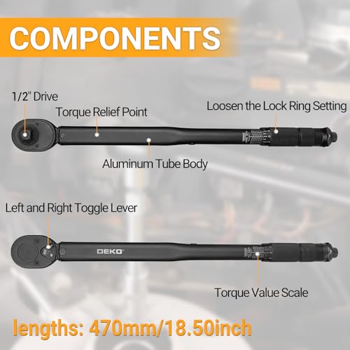 DEKOPRO 1/2 Inch Drive Dual-Direction Torque Wrench, 10-150 Ft-Lb & 13.6-203.5 Nm Range, ±4% Precision, 24-Tooth Chrome Vanadium Ratchet, 16.5inches Anti-Slip Matte Handle - style: 1/2 Inch Torque Wrench