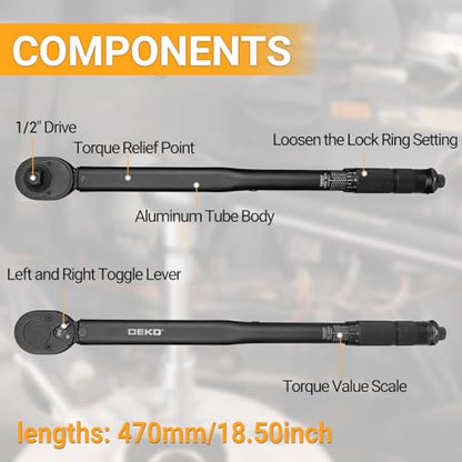 DEKOPRO 1/2 Inch Drive Dual-Direction Torque Wrench, 10-150 Ft-Lb & 13.6-203.5 Nm Range, ±4% Precision, 24-Tooth Chrome Vanadium Ratchet, 16.5inches Anti-Slip Matte Handle - style: 1/2 Inch Torque Wrench