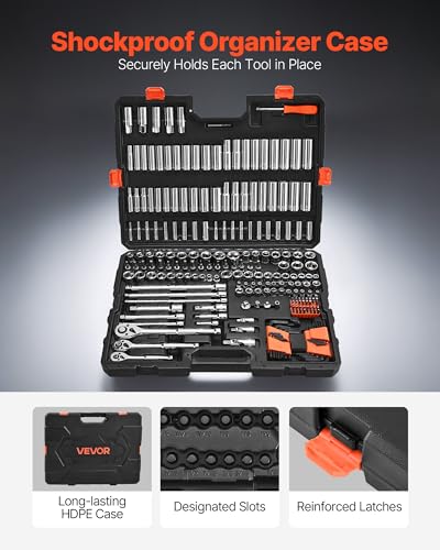 VEVOR Socket Set, 225 Pieces, 3/8 & 1/4 & 1/2 inch Drive Socket and Ratchet Set, SAE and Metric, Deep and Shallow, Mechanic Tool Kit with Bits, Accessories, Storage Case, CR-V Alloy Steel, for Repair - size: 1/4"&3/8"&1/2", style: 225 PCS