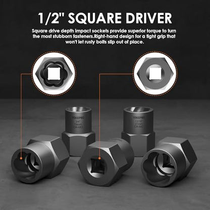 5-Piece Heavy Duty Bolt Extractor Set, 1/2" Drive Impact Lug Nut Remover Tool | Large size 19-25mm for removing stripped, damaged, rusted nuts, bolts, and studs - size: 5-Piece Heavy Duty Remover