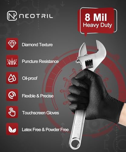 NEOTRIL 8 Mil Heavy Duty Disposable Nitrile Gloves with Diamond Texture Grip Rubber Gloves Latex & Powder Free - color: Box of 500 / Black, size: Medium