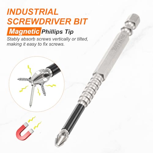 HARFINGTON 6pcs Impact Phillips Screwdriver Bit PH2 (#2) Anti Slip Tip 1/4" Hex Shank 4" (100mm) Long Magnetic Cross Screw Driver Industrial Power Drill Bits for Remove Fastening Screws - size: 4 inch
