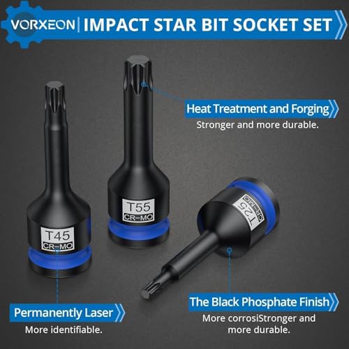 10 PCS 1/2" Drive Impact Star Bit Socket Set 42CRMO With Storage Case, Impact Torx Socket T25 T27 T30 T40 T45 T50 T55 T60 T70 T80 - size: Star Torx