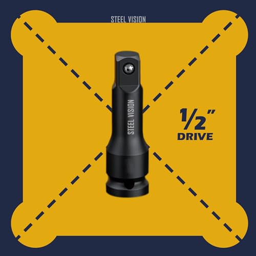 Steel Vision 4 pc 1/2″ Drive Flip Impact Socket Set with Extension – Cr-Mo Steel, Double Side Half Size Lug Nut Extractor Set, Metric & SAE Combo (17 & 19 mm, 3/4 & 13/16 in, 21 mm & 7/8 in), 6-Point - color: 4pc Metric+sae(black)