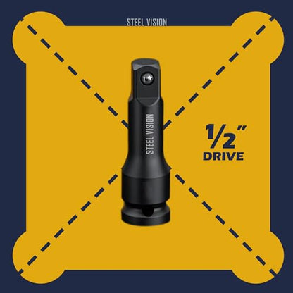 Steel Vision 4 pc 1/2″ Drive Flip Impact Socket Set with Extension – Cr-Mo Steel, Double Side Half Size Lug Nut Extractor Set, Metric & SAE Combo (17 & 19 mm, 3/4 & 13/16 in, 21 mm & 7/8 in), 6-Point - color: 4pc Metric+sae(black)