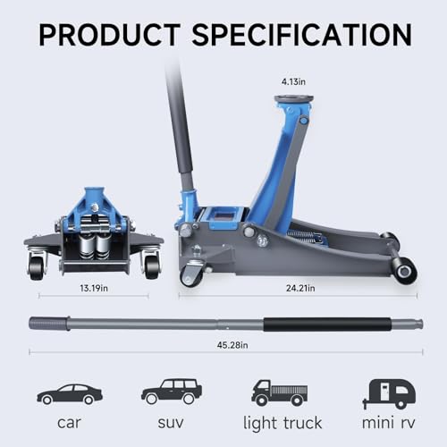 Larbanke 3 Ton Hydraulic Floor Jack, Low Profile Steel Jack with Double Pump Quick Rise, Heavy Duty Service Jack for Garage Repair and Maintenance