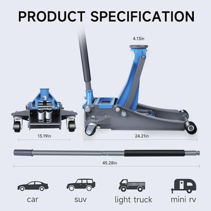 Larbanke 3 Ton Hydraulic Floor Jack, Low Profile Steel Jack with Double Pump Quick Rise, Heavy Duty Service Jack for Garage Repair and Maintenance