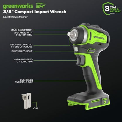 Greenworks 24V 3/8" Brushless Cordless Impact Wrench, 3/8 Inch, 150 ft.-lbs Torque, Lightweight and Compact, with 2.0Ah Battery and Charger, PA147K - size: 150 ft.-lbs., style: w/2Ah Battery