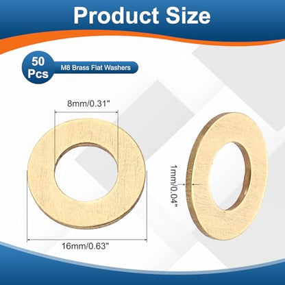 PATIKIL M8 Brass Flat Washer, 50 Pcs 8mm ID 16mm OD 1mm Thick Metric Washers Metal Sealing Gasket Ring for Screws Bolts Factories Home Outdoor Projects - size: M8 x 16 x 1mm