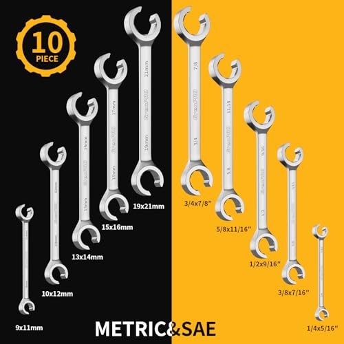 GRENPRO 6-Point Flare Nut Wrench Set – 10Pcs CR-V Steel Brake Line Wrench Kit for Cars & Trucks,Complete Standard (1/4"-7/8") and Metric (9-21mm) Sizes, Includes Storage Pouch & Identification Gauge - size: 10PCS Metric & SAE