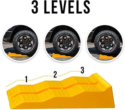Yellow Leveling Car Ramps – Zento Deals Tri-Leveler, Sturdy Material on Uneven Ground, Universal Fit for Cars Trailer SUV, Stable Ramp/Wheel Chocks Premium Quality - size: 4 sets