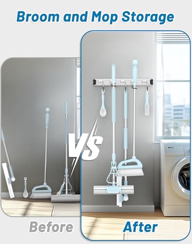 Mop and Broom Holder Wall Mount Garden Tool Rack Organizer, Modern Style,Movable Aluminum Alloy Wall Mounted Hook 2 Pack,Storage Gift for Bathroom,Closet,Laundry Room,Garage,Tool Room(Black)