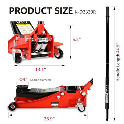 3 Ton Low Profile Floor Jack, Heavy Duty Steel Racing Floor Jack with Dual Pistons Quick Lift Pump, Lifting Range 3.3"-18.5", Hydraulic Jack Professional Car Jacks 3 Ton/6600 LBS Capacity, Red - color: Red - 3 Ton(Dual Pump), Lift 3.3"-18.5"