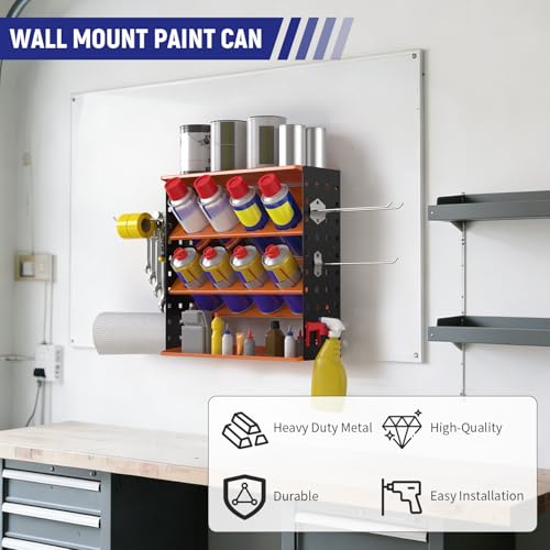 Wall Mount Spray Can Holder, Aerosol Spray Bottle Holder Storage Rack, Heavy-Duty Paint Bottle Organizer with 8 Can Holes & 4 Steel Hooks, 4 Plastic Hooks for Garage, Shop, Home or Tool Trailer - style: A-Spray Can Rack