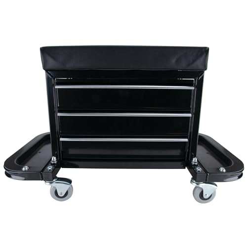 Performance Tool W85025 3-Drawer Rolling Tool Chest Seat With Magnetic Side Trays, Black