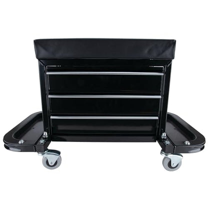 Performance Tool W85025 3-Drawer Rolling Tool Chest Seat With Magnetic Side Trays, Black
