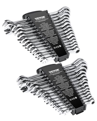 VEVOR Ratcheting Wrench Set, 30-Piece Combination Wrench Set, 72 Teeth | SAE 1/4" to 1", Metric 8 mm to 24 mm, Cr-V Steel, with Organizer Rack, for General Household, Garage, Workshop, Emergency - color: Silver 30pcs, size: Metric&SAE
