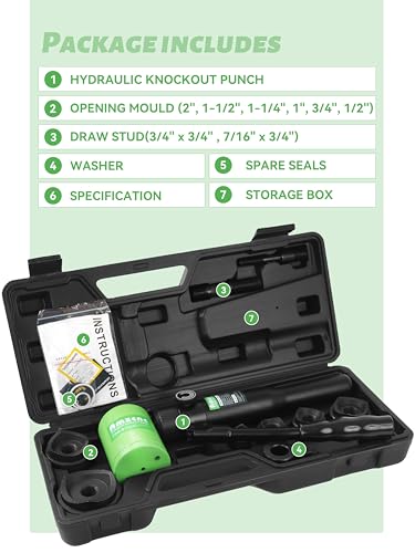 AMZCNC Hydraulic Knockout Punch Kit 8Ton 1/2-2in Electrical Conduit | Electricians Panel Punching Steel Aluminum Brass Copper Electrical Wiring Cabinet Installation Industrial Construction Repair - style: 1/2”~2”