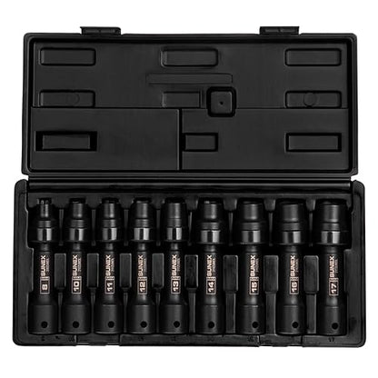 SUNEX TOOLS 2695, ½ Inch Drive Driveline Limited Clearance Socket Set, 12-Point, 9-Piece, Metric, 8mm-17mm, Cr-Mo Steel, Heavy Duty Storage Case
