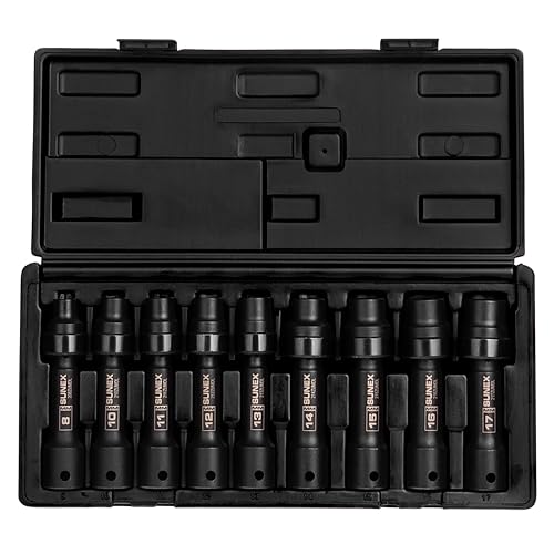 SUNEX TOOLS 2695, ½ Inch Drive Driveline Limited Clearance Socket Set, 12-Point, 9-Piece, Metric, 8mm-17mm, Cr-Mo Steel, Heavy Duty Storage Case