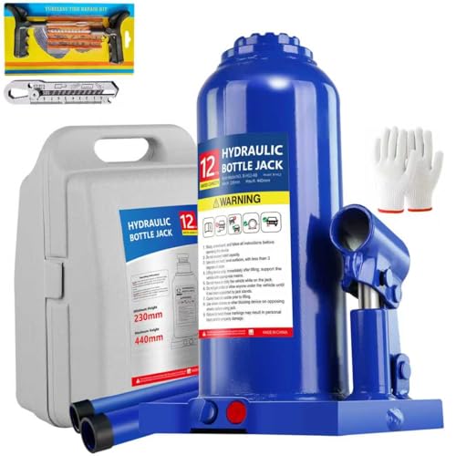 12T Hydraulic Bottle Jack, 24,000 lbs, with Tire Kit | Heavy-duty jack for trucks, RVs, machinery. 9.06"-17.32" lift. Case included. - color: 12 Ton Basic with Tire Repair Kit