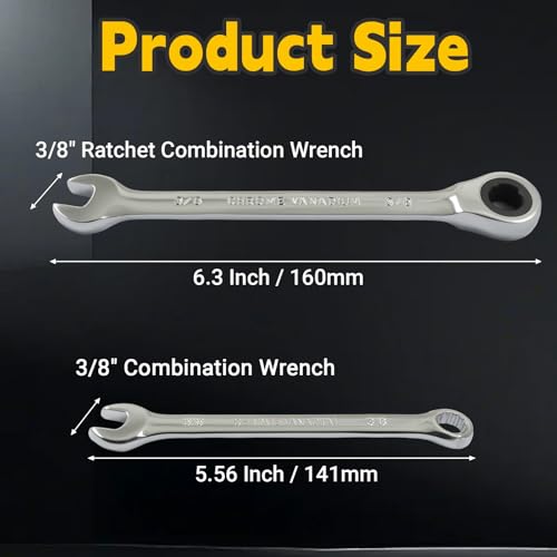 3/8 Inch Ratcheting Wrench 2 Pcs 72-Tooth 12-Point Chrome Plated | Forged 45# Carbon Steel Durable, 5-Degree Arc For Tight Spaces, 12-Point Protects Fasteners, Polished Chrome Anti-Rust - size: 3/8 Inch