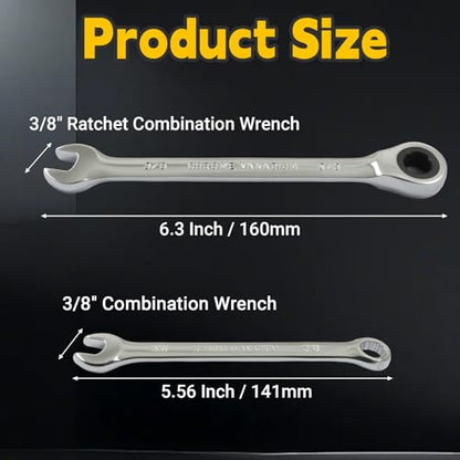 3/8 Inch Ratcheting Wrench 2 Pcs 72-Tooth 12-Point Chrome Plated | Forged 45# Carbon Steel Durable, 5-Degree Arc For Tight Spaces, 12-Point Protects Fasteners, Polished Chrome Anti-Rust - size: 3/8 Inch